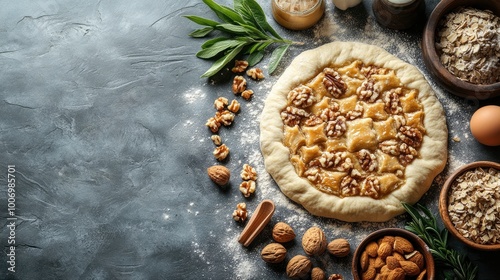 Homemade Walnut Pie with Almond and Oat Ingredients on Grey Background