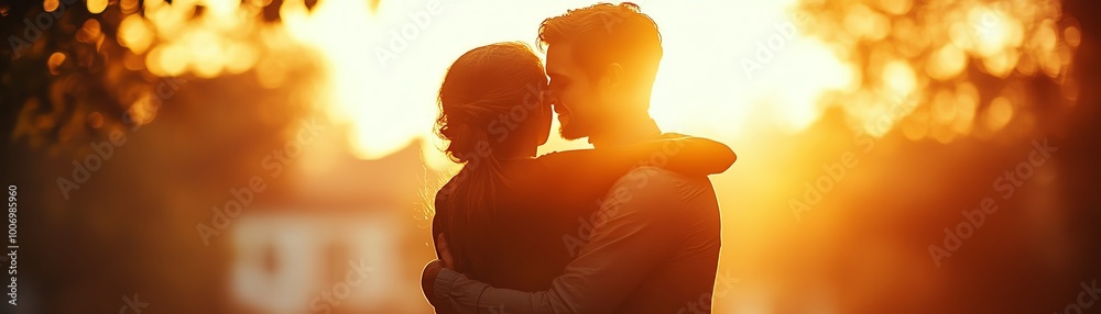 A couple embraces during sunset, capturing a moment of love and connection amidst warm golden light. A couple embraces during sunset, capturing a moment of love and connection amidst warm golden light.