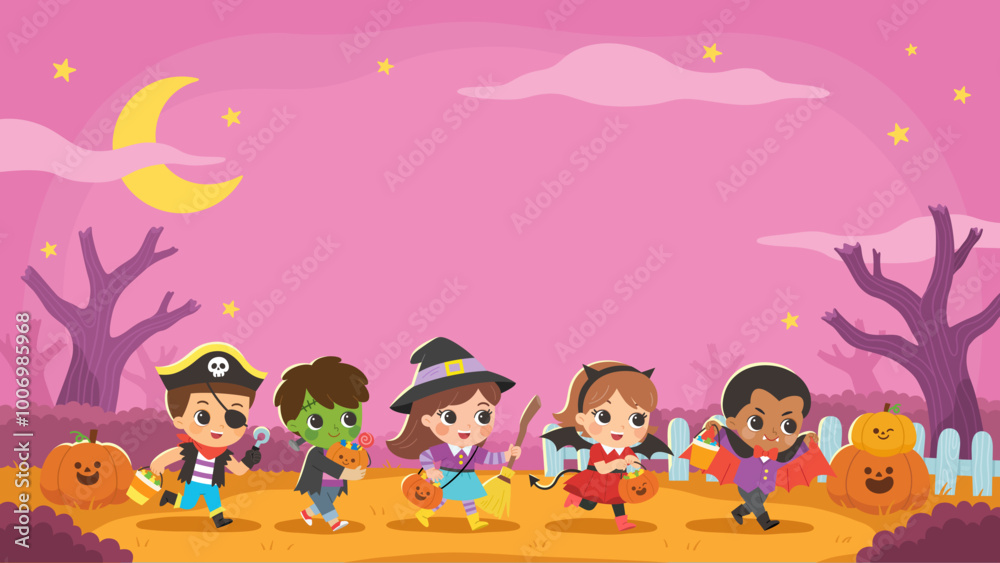Children dressed in Halloween costumes to go Trick or Treating. Halloween costume kids in spooky holiday. Template for advertising brochure.