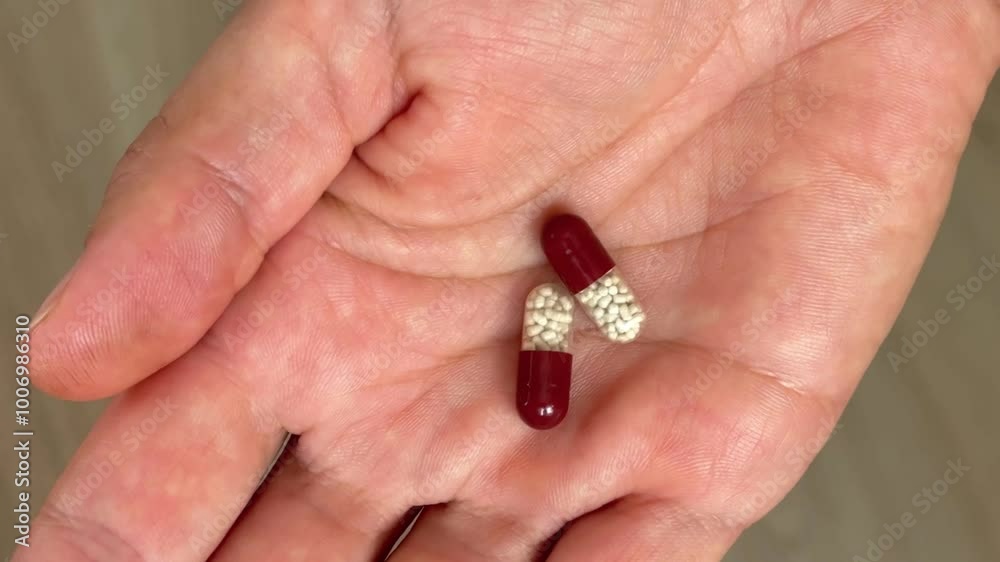 Capsules of the medicine lie in the palm of your hand. Capsules of the medicine lie in the palm of your hand.
