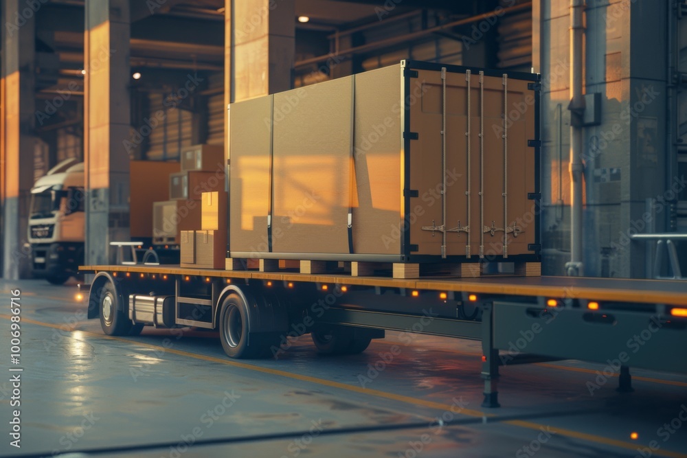 Naklejka premium Boxes being loaded onto a truck for delivery in logistics center