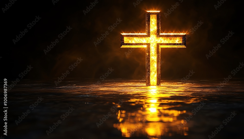 A glowing cross illuminated by soft light, creating a serene atmosphere ideal for religious themes and spiritual settings. A glowing cross illuminated by soft light, creating a serene atmosphere ideal for religious themes and spiritual settings.