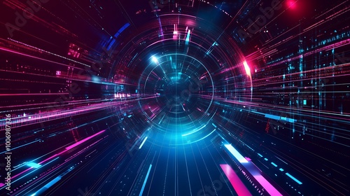 Abstract futuristic digital tunnel with glowing neon lights and data streams.