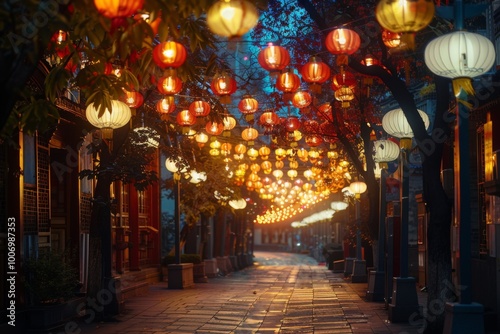 Enchanting mid autumn festival in china lantern lit on city street at night photo