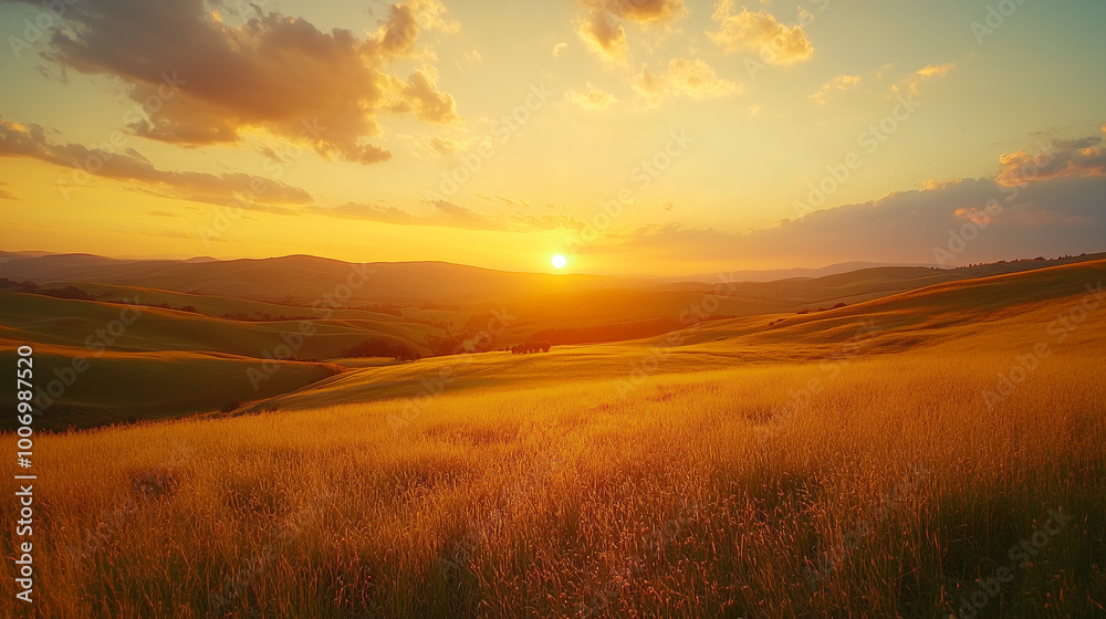 Golden sunset over rolling grassy hills Golden sunset over rolling grassy hills