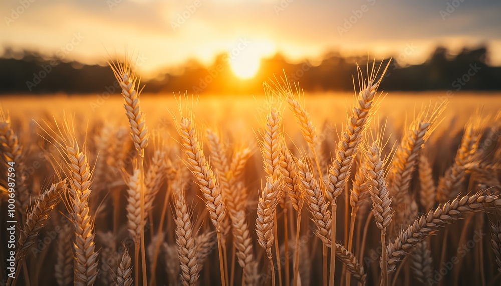 Golden wheat field illuminated by a stunning sunset, creating a serene agricultural landscape that evokes peace and abundance. Golden wheat field illuminated by a stunning sunset, creating a serene agricultural landscape that evokes peace and abundance.