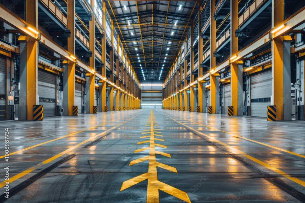 Fototapeta premium Interior of a modern industrial building with metal structures and yellow markings