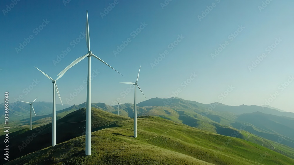 Wind turbines on a hillside with floating economic projections of wind energy profitability, wind farm economics, sustainable investment Wind turbines on a hillside with floating economic projections of wind energy profitability, wind farm economics, sustainable investment
