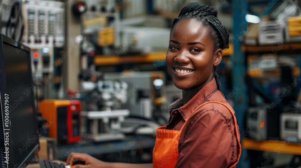A woman is smiling and working on a computer A woman is smiling and working on a computer
