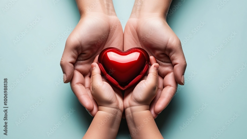 Close-Up of Two Pairs of Hands, One Larger Cradling the Smaller, Holding a Shiny Red Heart, Symbolizing Care, Protection, and Love Against a Light Teal Background