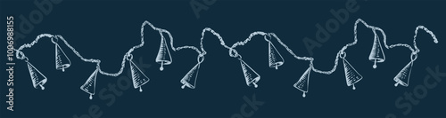 Christmas holiday decoration garland of golden jingle bells on the rope. Festive pattern with banner with bronze sleigh bells handing for christmas greeting card. Vector Illustration.