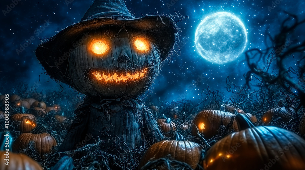 Creepy Halloween Scarecrow in Pumpkin Patch at Night, Glowing Jack-O'-Lanterns and Moonlight
Creepy Halloween Scarecrow in Pumpkin Patch at Night, Glowing Jack-O'-Lanterns and Moonlight