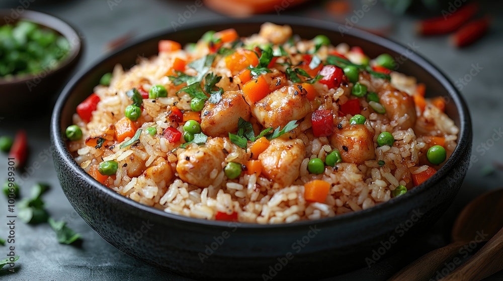 Delicious Chicken Fried Rice with Vegetables in a Black Bowl Delicious Chicken Fried Rice with Vegetables in a Black Bowl