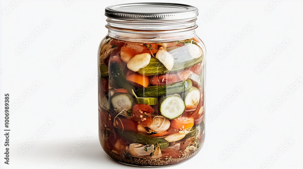 Glass Jar with Pickles on White Background Glass Jar with Pickles on White Background