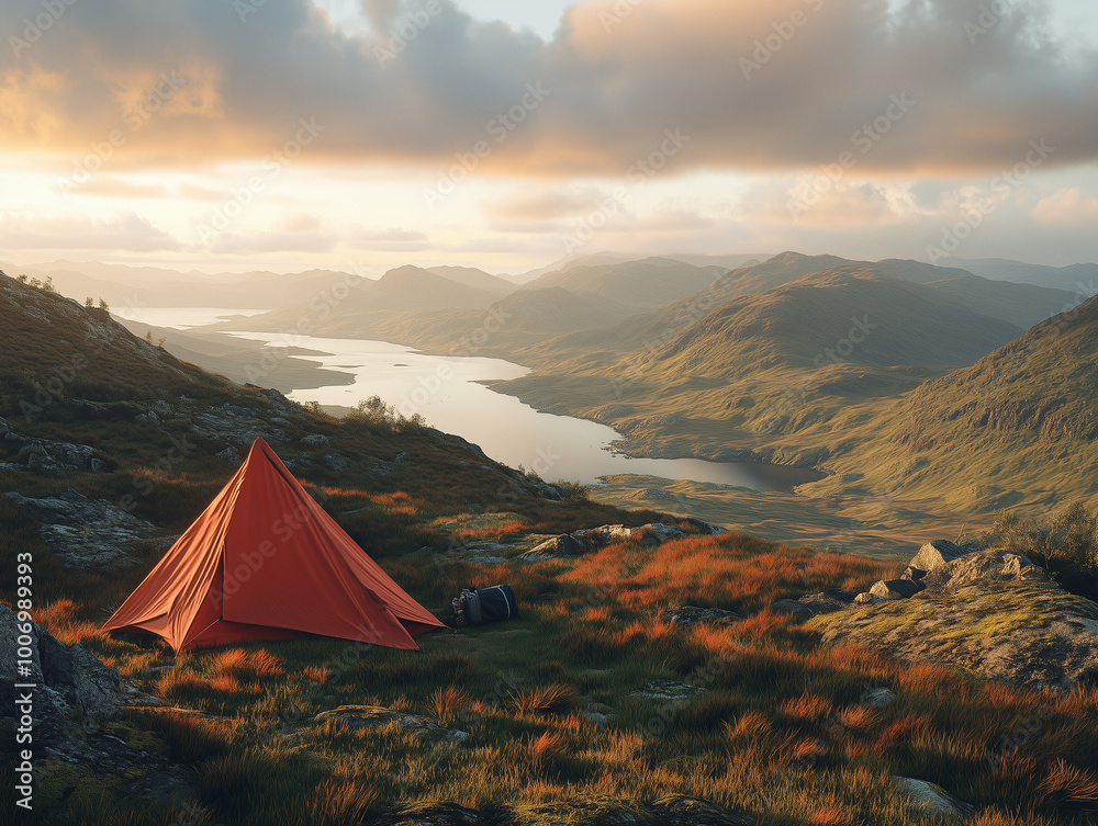 Obraz premium Tent at the Edge of a Cliff Overlooking Valley at Sunset