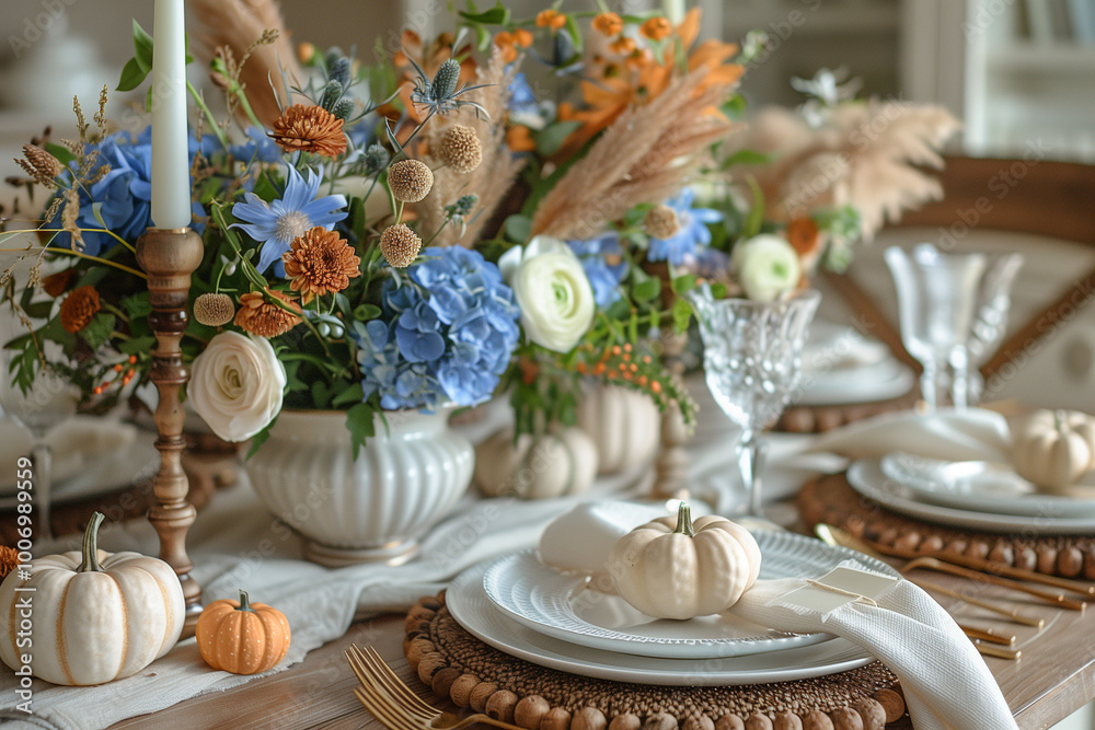 Naklejka premium Thanksgiving day setup in restaurant with blue flowers.