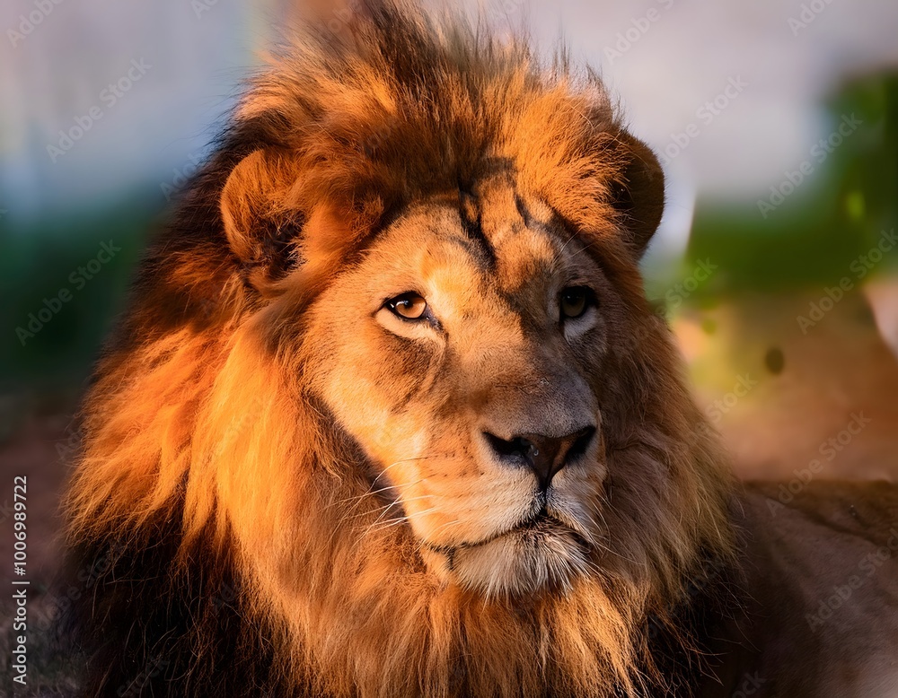 Obraz premium close up of a lion with the sun shining on his face