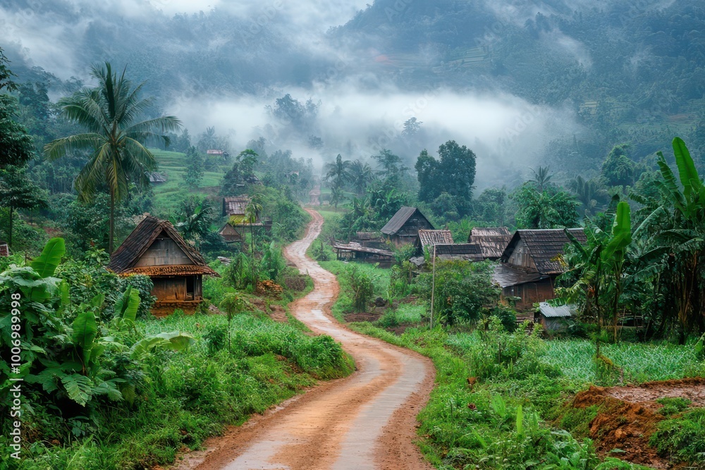Village path disappearing into dense fog, fog in villages, serene countryside morning enveloped in mist. Village path disappearing into dense fog, fog in villages, serene countryside morning enveloped in mist.