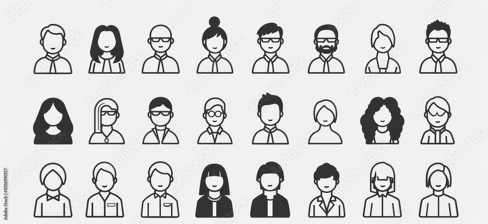 30 minimalistic vector icons in a set of business people, a web monoline icon set with thick black outlines and a white background, using a single color background, in a modern solid style with single 30 minimalistic vector icons in a set of business people, a web monoline icon set with thick black outlines and a white background, using a single color background, in a modern solid style with single