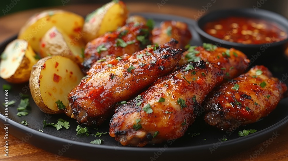 Glazed Chicken Wings with Potato Wedges and Spicy Sauce Glazed Chicken Wings with Potato Wedges and Spicy Sauce