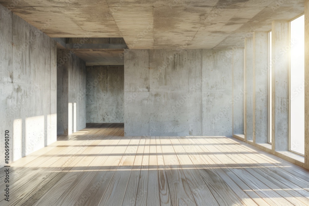 Empty room with wooden floor and concrete wall Empty room with wooden floor and concrete wall