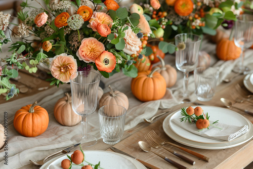 Beautiful tablescape setup for thanksgiving day in restaurant.