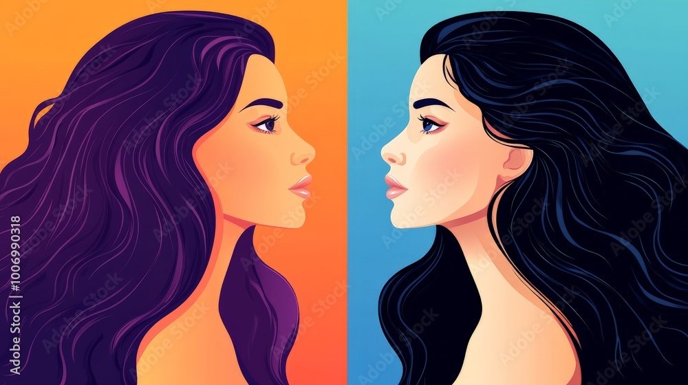 Profiles of Two Beautiful Women with Long, Flowing Hair Profiles of Two Beautiful Women with Long, Flowing Hair