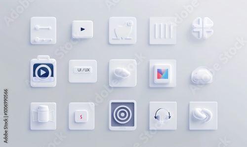 30 white vector icons for a mobile app "UI/UX JCONS" on a light background, with a minimalistic design, using a white color palette, in a flat style. 