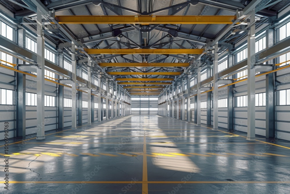 Interior of a modern industrial building with metal structures and yellow markings