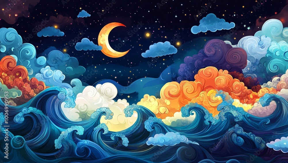 Whimsical Night Ocean Scene with Crescent Moon, Waves, and Starry Sky Illustration Whimsical Night Ocean Scene with Crescent Moon, Waves, and Starry Sky Illustration