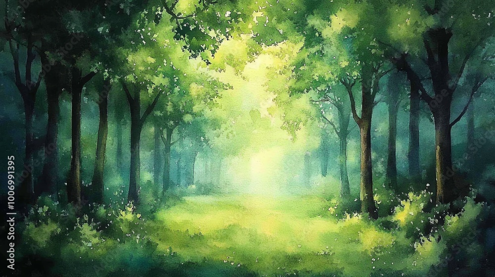 Obraz premium A serene forest scene with vibrant greenery, sunlight filtering through trees, creating a peaceful and enchanting atmosphere.