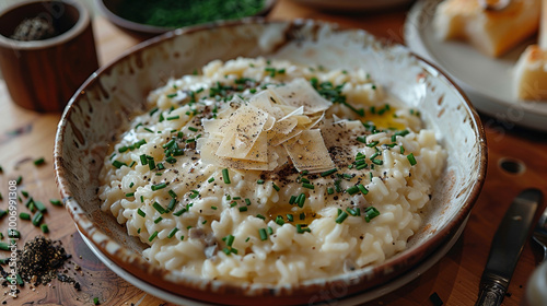 Top view of classic truffle risotto with Parmesan shavings, drizzled with truffle oil and garnished with chives and black pepper, set on an elegant plate with refined silverware photo