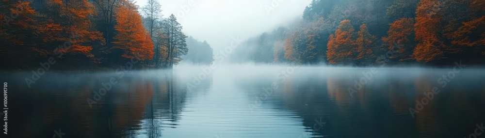 Fog rising over a calm lake surrounded by autumn trees, fog in nature, serene water landscape wrapped in mist Fog rising over a calm lake surrounded by autumn trees, fog in nature, serene water landscape wrapped in mist