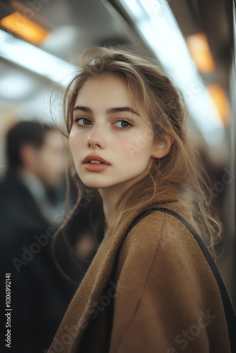 A woman in a subway, displaying a sense of contemplation and elegance amidst an urban backdrop.