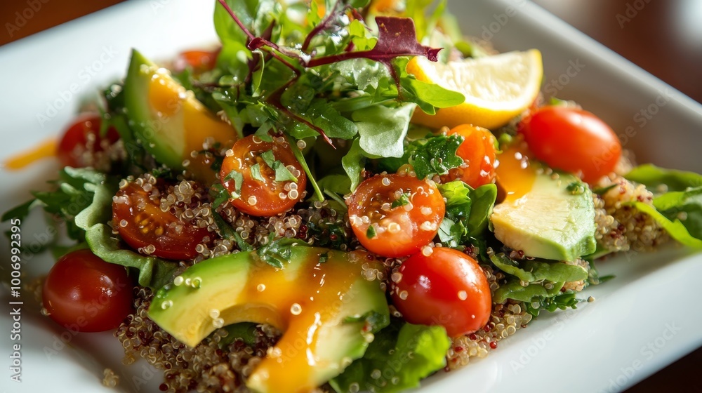 A colorful quinoa salad featuring fresh avocado slices, ripe cherry tomatoes, and leafy greens, topped with microgreens and a drizzle of lemon dressing, beautifully arranged on a white plate A colorful quinoa salad featuring fresh avocado slices, ripe cherry tomatoes, and leafy greens, topped with microgreens and a drizzle of lemon dressing, beautifully arranged on a white plate