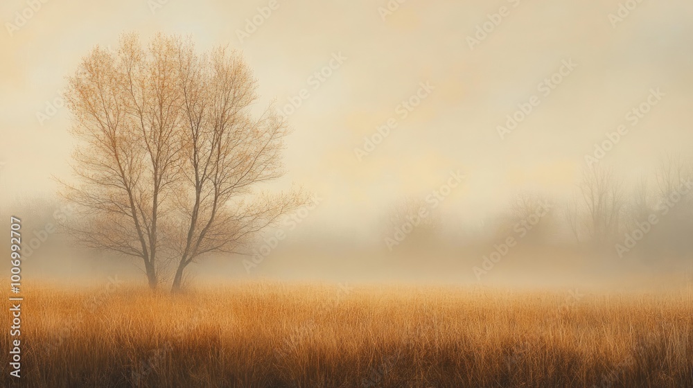 A serene autumn scene enveloped in mist, featuring bare trees and a field of golden grass under a soft, diffused light. A serene autumn scene enveloped in mist, featuring bare trees and a field of golden grass under a soft, diffused light.