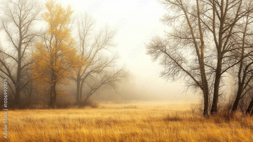 A serene autumn scene enveloped in mist, featuring bare trees and a field of golden grass under a soft, diffused light. A serene autumn scene enveloped in mist, featuring bare trees and a field of golden grass under a soft, diffused light.