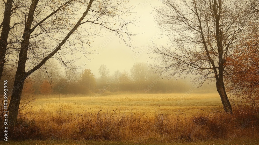 Fototapeta premium A serene autumn scene enveloped in mist, featuring bare trees and a field of golden grass under a soft, diffused light.