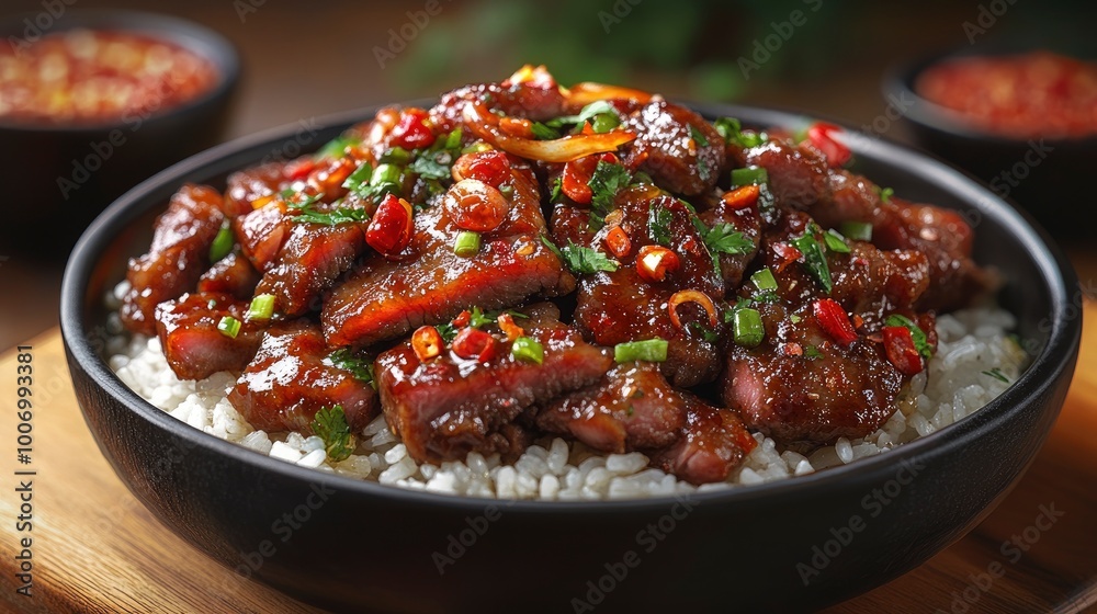 Spicy Beef and Rice Bowl with Chili Peppers and Green Onions Spicy Beef and Rice Bowl with Chili Peppers and Green Onions