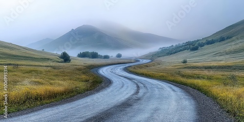 Dense fog envelops a twisting mountain path, fog in the wild, secluded and stunning scenery veiled in haze.