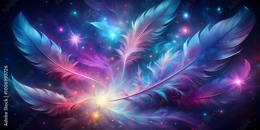 Celestial Feathers: Glowing, vibrant feathers dance in a cosmic nebula, a mesmerizing blend of fantasy and nature.  A digital art masterpiece evoking wonder and dreams. 