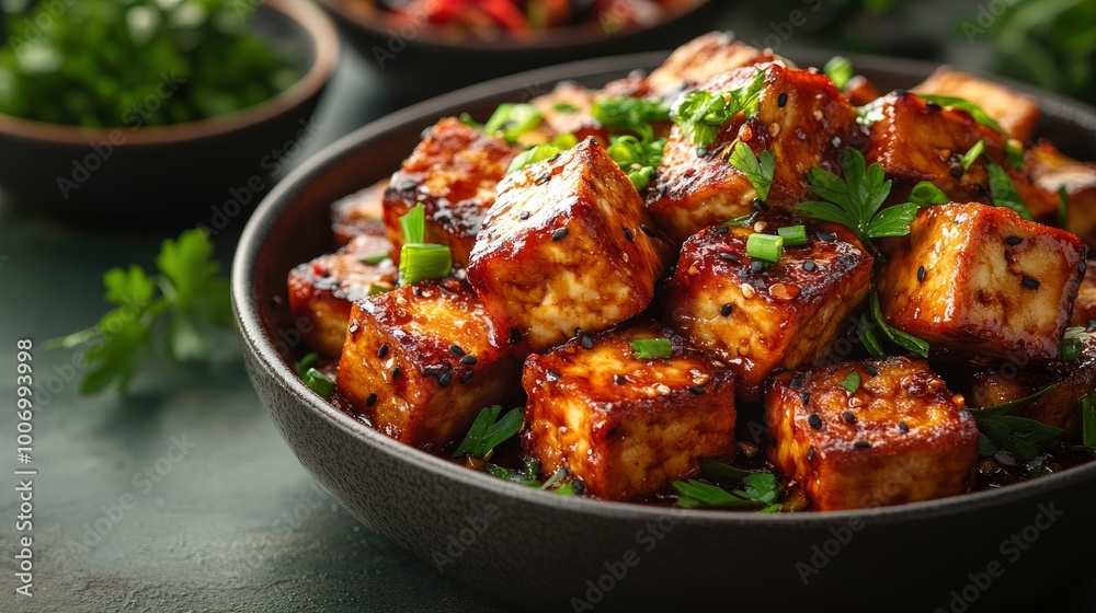 Spicy Tofu Cubes in Black Bowl with Green Herbs Spicy Tofu Cubes in Black Bowl with Green Herbs