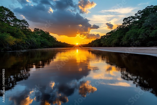 A sunset over a calm lake surrounded by trees, where the reflection of the sky on the water creates a peaceful, picturesque scenery.