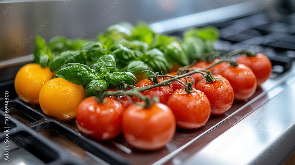 Fresh Tomatoes and Basil on a Stovetop Fresh Tomatoes and Basil on a Stovetop