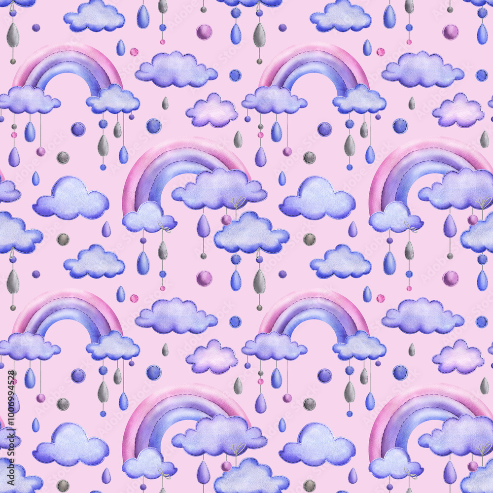 A stitched rainbow with clouds and raindrops hanging from ropes in blue, purple and pink. Childish cute hand drawn watercolor illustration. Seamless pattern on a pink background A stitched rainbow with clouds and raindrops hanging from ropes in blue, purple and pink. Childish cute hand drawn watercolor illustration. Seamless pattern on a pink background