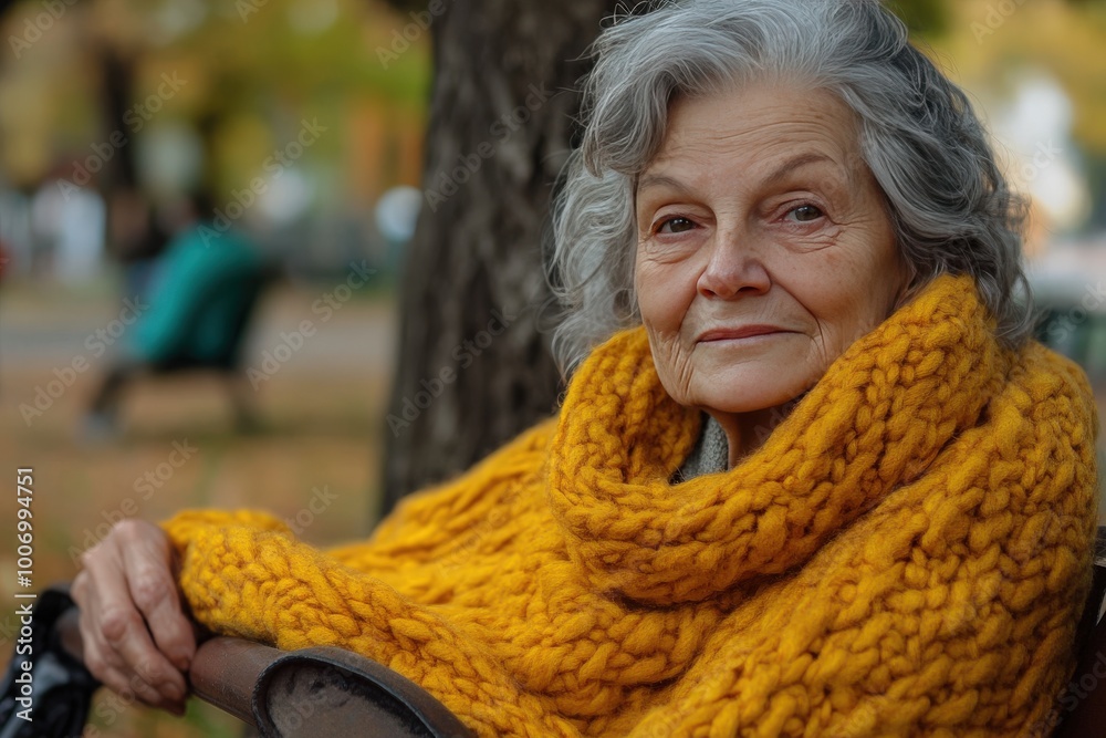 A woman with a yellow scarf sits on a bench in a park, generative ai image