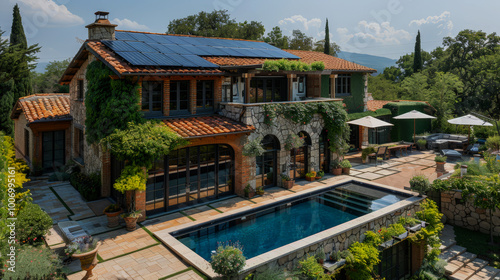 Luxurious residence with pool and solar roof.Luxury residence featuring a solar roof and a pool, set in a lush garden, embodying luxury combined with sustainability in a sophisticated setting photo