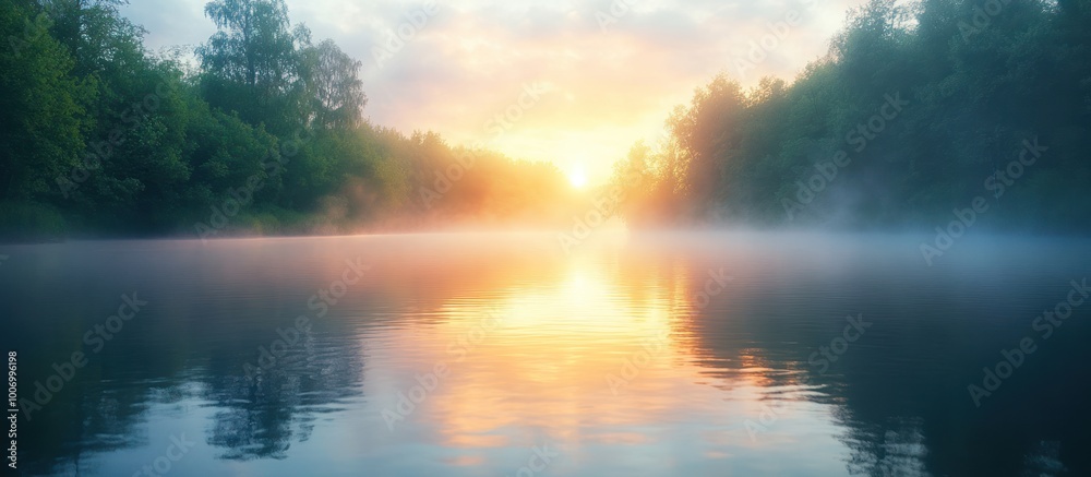 A beautiful misty sunrise over a calm river. A beautiful misty sunrise over a calm river.