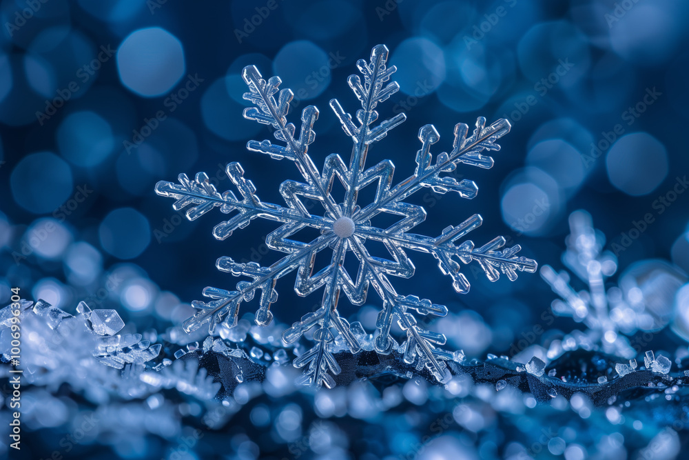 A close-up of an intricate snowflake. A close-up of an intricate snowflake.