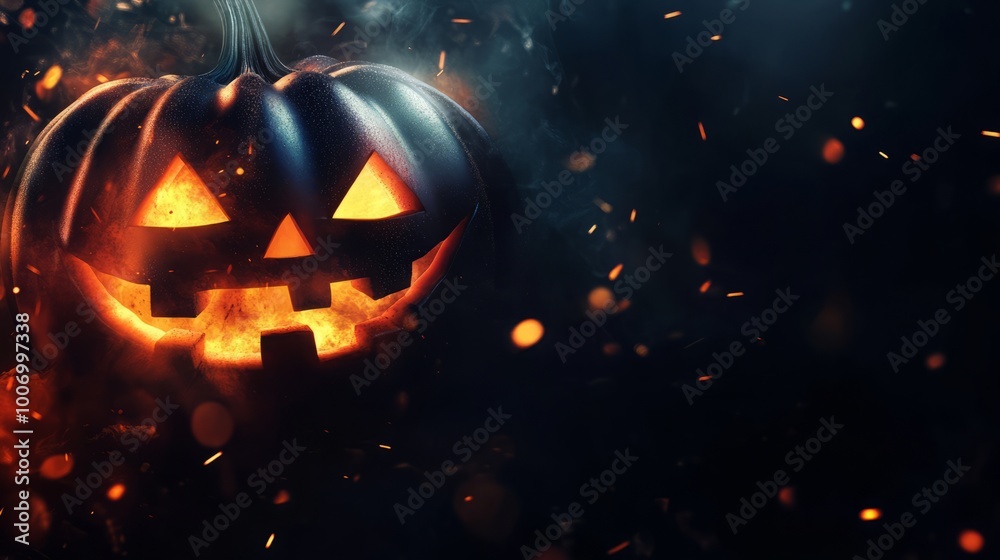 Naklejka premium Floating in the air ominous pumpkin with a burning face. Ominous banner on green with a flying tick